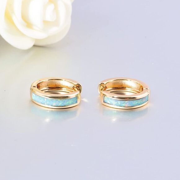 14K Yellow Gold with Genuine White Fire Opal Huggie Hoop Snap Hinge Earrings - Picture 4 of 5